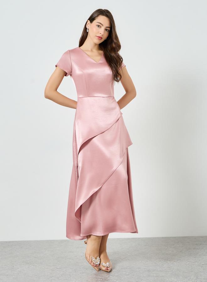 Styli Women Pink Satin Layered Maxi Dress - Image 2
